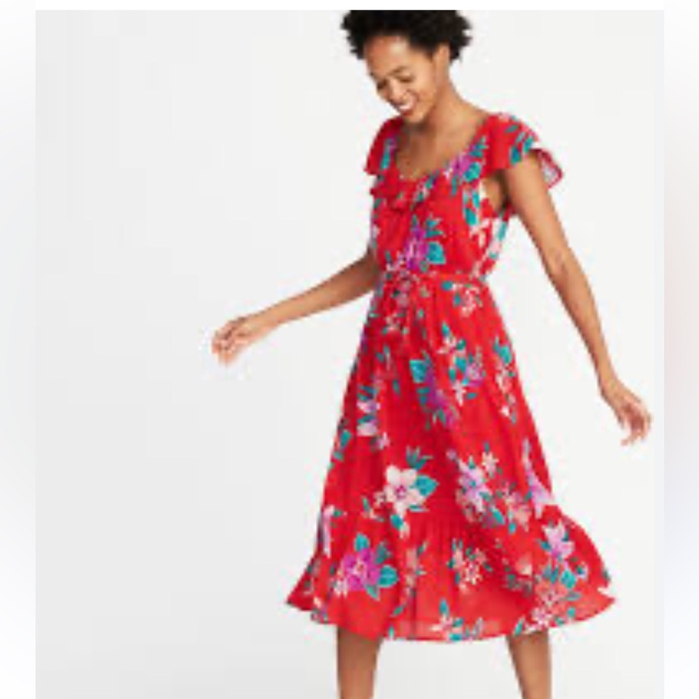 Old Navy Ladies Size Medium Ruffle Belted Midi Dress Cottage Core